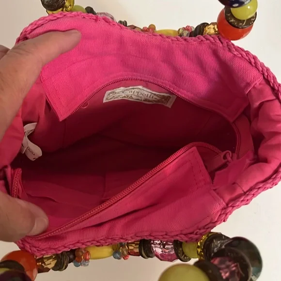 Cappelli Mini Handbag Purse Hot Pink Beaded Handle Woven Straw Summer Fun Small - Picture 16 of 16